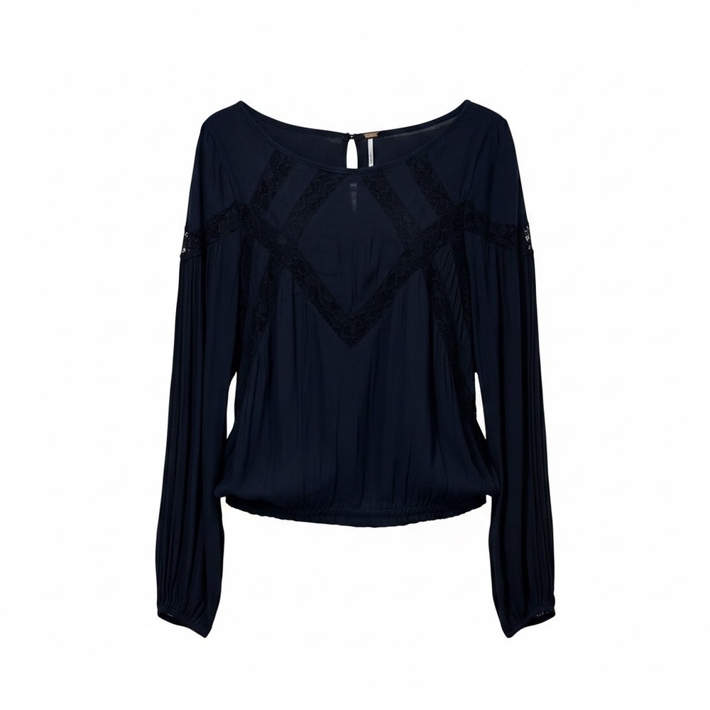 Free People Black Lace Crochet Inset Boho Peasant Blouse Long Sleeve Medium